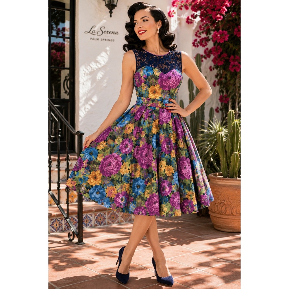 NWT Tatyana Bettie Page Floral Lace Fit Flare‎ Retro Pin Up Swing Dress L